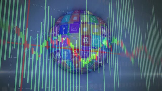 On start globe of app icons revealing and centering while bars and trend pulsing showing data