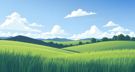 Obraz premium landscape, nature, grass, green, meadow, field, pasture, plain, countryside, rural, outdoor, scenery, horizon, farmland, sky, blue, clouds, cloudscape, daylight, sunshine, sunny, bright, fresh, calm, 