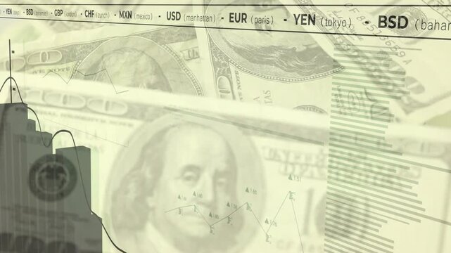 Currency ticker updating, financial graphic animating market line, shifting skyline, showing trends