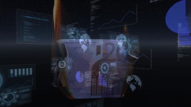 Lower sparks igniting 20 euro note, flames rising as HUD panels float, showing financial risk