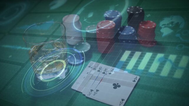 HUD overlays sliding across initiating card reveal, cards fanning into clubs and signaling payout