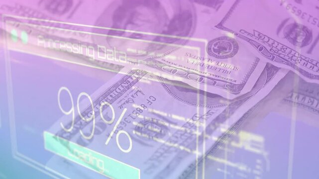 US 100-dollar bills processing in translucent HUD, progress updates driving zoom, focus for finance