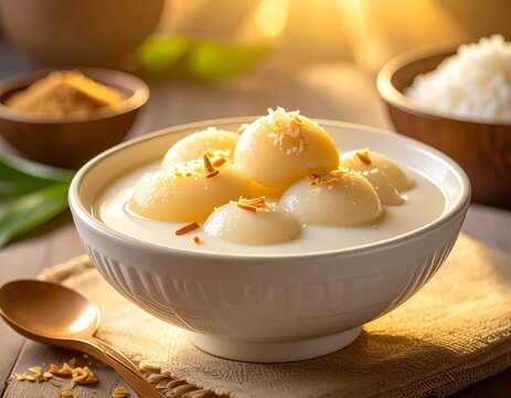 ultra realistic food photography of indonesia kolak pisang a white coconut milk and palm sugar syrup, served in a white ceramic bowl, warm golden lighting, soft shadows, shallow