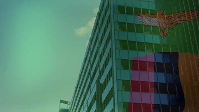 Camera panning up-right, showcasing building facade, color blocks and eagle emblem, cloud drifting
