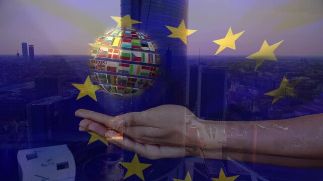 EU overlay fading in, hand entering, flag globe forming above palm, rotating, fading, showing unity