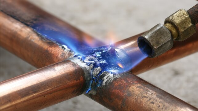 brazing. A craftsman brazing two copper pipes with molten solder under a torch flame. safety posters, maintenance manuals, designed for precision metalworking and fabrication facilities.