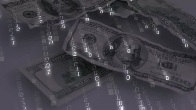 On binary overlay starting, streams cascading over $100 bills, shifting while showing money digital
