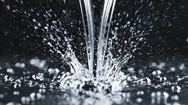 Close-up abstract view of falling water creating splashes on a dark surface