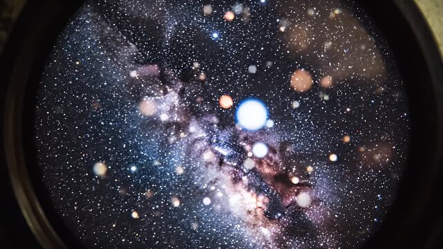 Close-up view of a blurred starfield with colorful nebulae, rendered through a dark lens