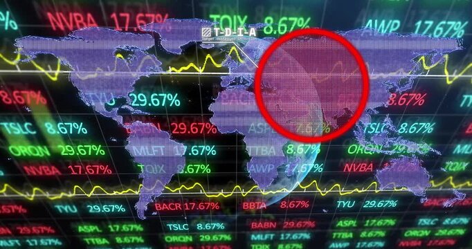 Dashboard opening, globe or map rotating, airplane flying along path, marking Europe for market data