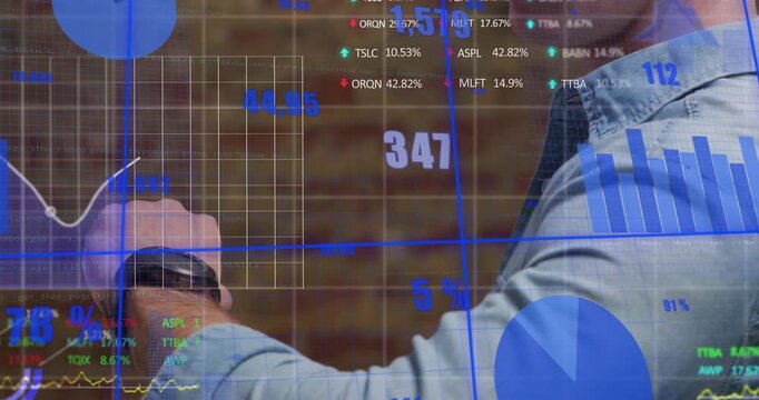 Analyst checking smartwatch and tapping tablet, activating finance charts updating over forearm