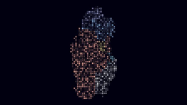Qatar animated country shape. Pulsating colored dots on the map of the country. Small size rounded square blocks. Digital style Qatar map on dark background. Plain animation video.