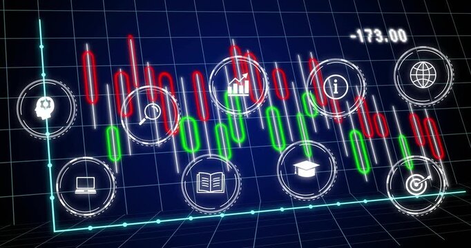 Opening with cyan xy axis, candlestick chart and HUD icons appearing, pulsing, visualizing metrics