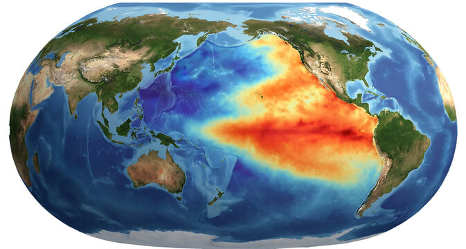 Global Map showing El Nino Warming Pattern in the Pacific Ocean. Sea Surface Temperature Heat Map Visualization for Climate Change and Global Warming Studies.