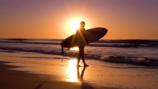 A lone surfer carrying a board walks along the sandy beach at sunset, silhouetted against the vibrant orange and golden sky, with gentle waves lapping the shore, creating a serene and adventurous coa.
