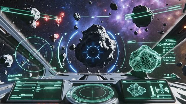 View from a futuristic spaceship cockpit navigating an asteroid field in deep space with glowing holographic displays and a distant galaxy.