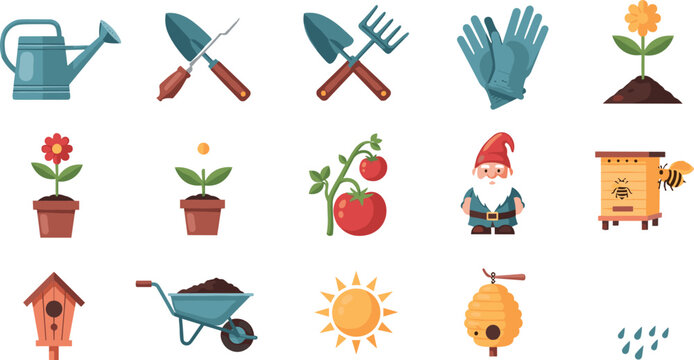 Gardening and beekeeping flat line icon set with tools, plants, flowers, hive, wheelbarrow and organic farming vector illustration