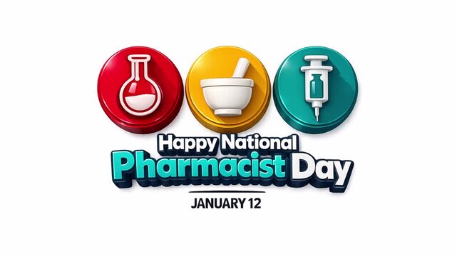 Animated video with the words Happy National Pharmacist Day. Design on a transparent or alpha background, 4K footage.