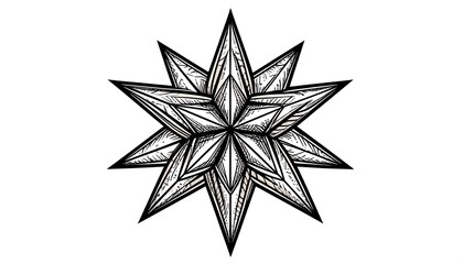 Obraz premium Intricate eight-pointed star illustration with detailed shading and sharp edges, centered on white