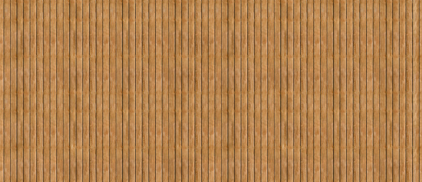 Wooden lath siding strips. Natural wood plank background. Vertical panelled wood slat wall.