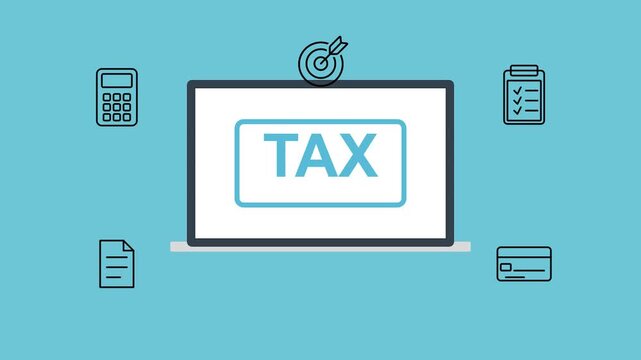 Digital Tax Processing: A graphic representation of tax processing, showing a laptop screen with the word TAX at the center, surrounded by relevant icons like a calculator, a target, a document.