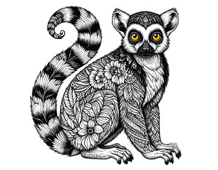 Fototapeta premium Intricate, monochrome illustration of a lemur with detailed floral and leaf patterns