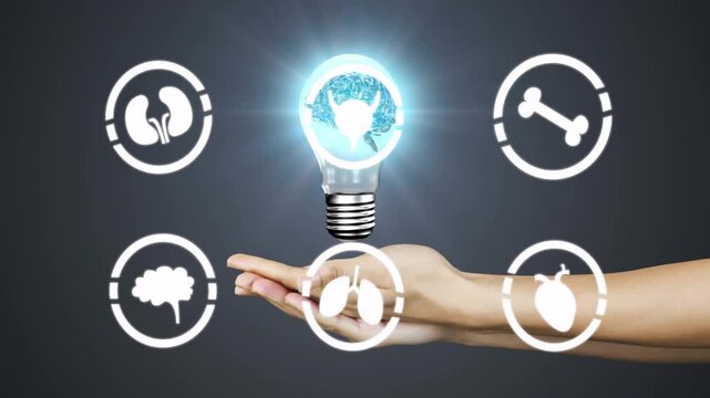 Forearm entering right and holding palm, bringing glowing brain bulb, lighting organ icons