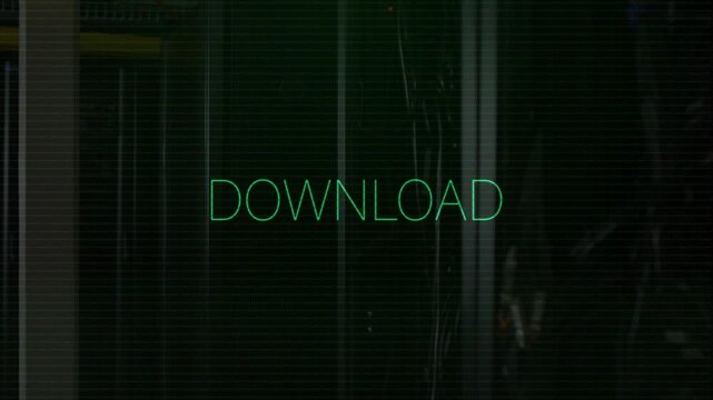 Neon-green DOWNLOAD glitching as green static sweeping in, then clearing, signaling download resume
