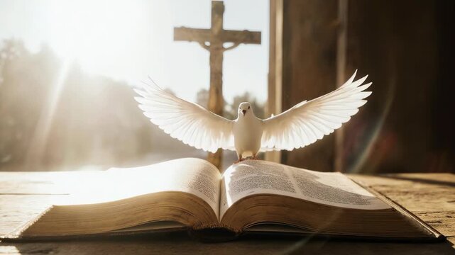 The white dove of the Holy Spirit and bright sunlight background. The cross of Jesus Christ's suffering and the Bible of the Word of Life.