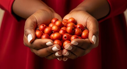 Hands holding ripe lychee fruits with red skin and white flesh on red background