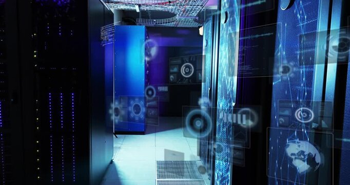 HUD overlays appearing from right panels and sliding over server aisle, visualizing network status