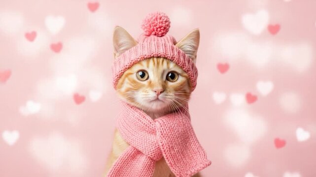 Cozy Cat in Winter Attire: A charming ginger tabby cat dons a stylish pink hat and scarf, set against a backdrop of soft hearts, creating a whimsical and heartwarming scene.