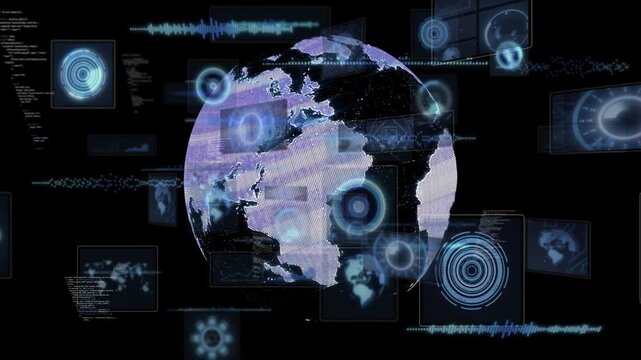 Data stream arriving, hologram globe rotating and drawing sliding HUD panels, visualizing telemetry