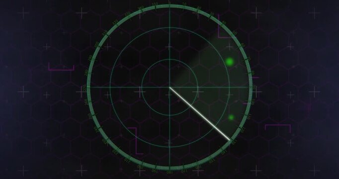 Central radar rotating clockwise, sweep arm passing green blip, signaling contact via pulse