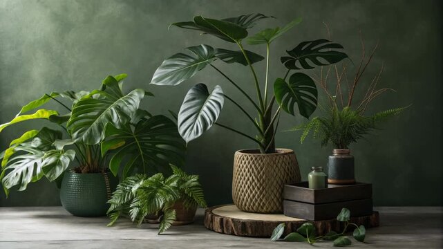 Indoor green leaf houseplants in decorative pots on wooden surface with dark green botanical still life creating calm natural tropical atmosphere