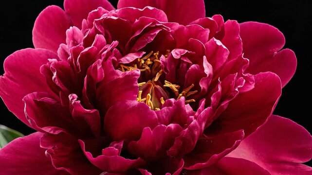 A magnificent deep red peony flower slowly unfurling its delicate petals against a dramatic dark background, showcasing the initial stages of its vibrant bloom and natural beauty in a captivating clo.