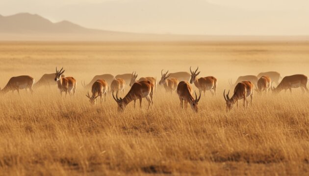 A Saiga Antelope Herd with Their Distinctive Noses Grazing in a Golden Grassland Field