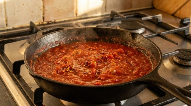 Delicious spicy arrabiata sauce bubbling and simmering in a rustic cast iron pan on a stove, creating an inviting aroma for an evening meal.