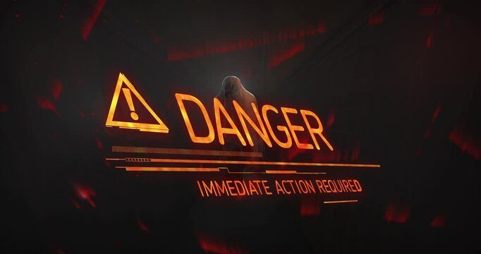 HUD bars appearing, DANGER sign growing, subtext urging action, hooded figure backlit