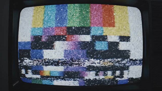Close-up of a vintage television screen displaying static and fuzz