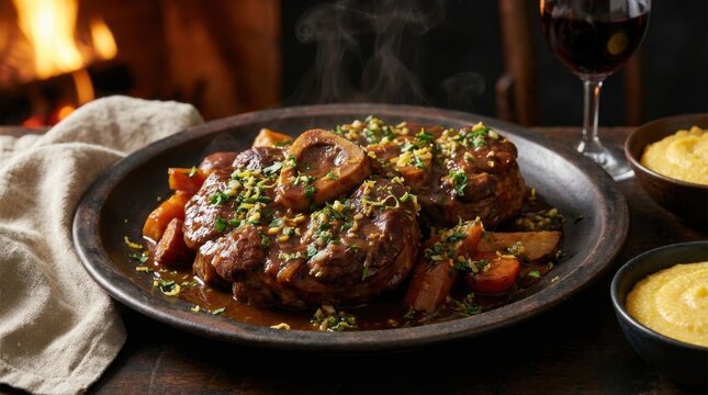 Mouthwatering slow-cooked osso buco portions steaming on a rustic plate, beautifully presented with vibrant gremolata and tender carrots, reflecting the savory dinner essence from -02-11.