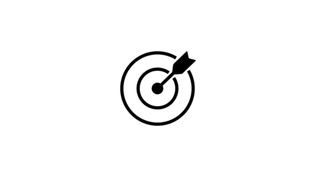 A clean black outline of a dart embedded in the bullseye of a target, displayed on a plain white background, representing a clear objective and successful completion Keywords: target, dart