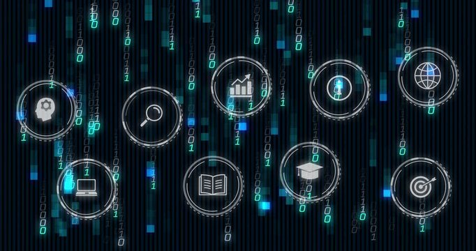 Cyan squares sliding down binary rain causing HUD icons moving inward forming ordered data grid