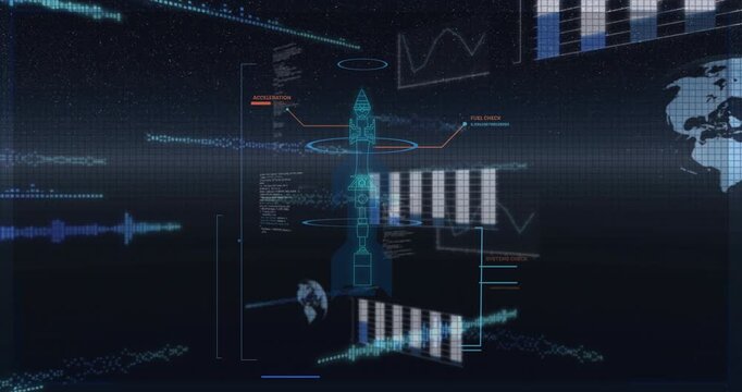 Starfield showing, cyan stack rising while charts sliding and red labels attaching, forming HUD