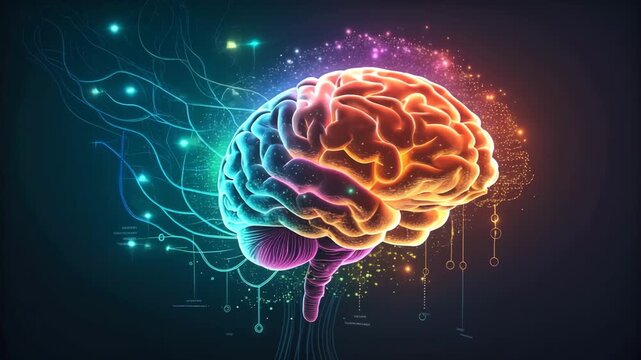 Glowing digital brain with colorful algorithm and neural connections emitting vibrant light and digital connection symbolizing advanced