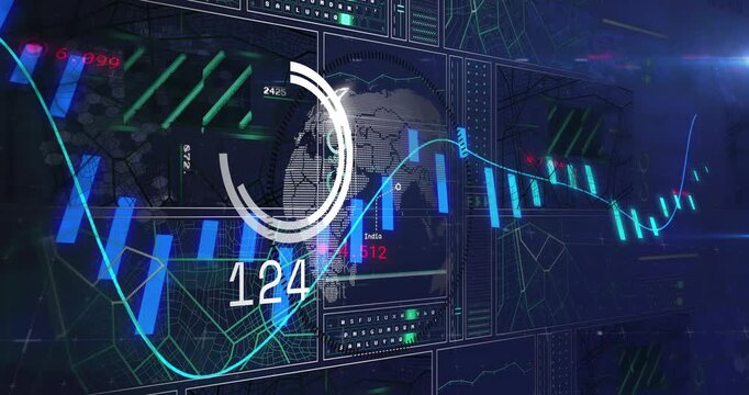Data pulse arriving segmented circle and dotted globe rotating, updating value, showing markets
