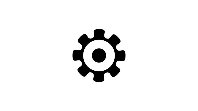 A single black gear cog with a central circle is prominently displayed against a solid white background, representing industry, mechanics, settings, and operational processes in a clear style