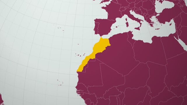 Morocco map. Animated zoom into the country on the Globe in Pale Mint Dark Pink color palette. Country logo animation with round text and airplanes. Map with meridians, parallels. Charming video.