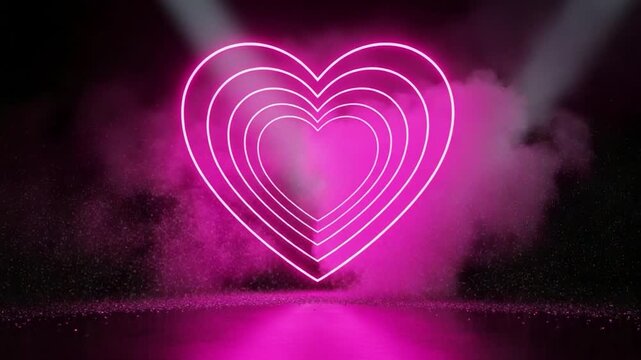 Neon Heart in a Dreamscape: A captivating neon heart, aglow with radiant pink light, graces a stage, surrounded by wisps of ethereal mist and two spotlight illuminating the heart.