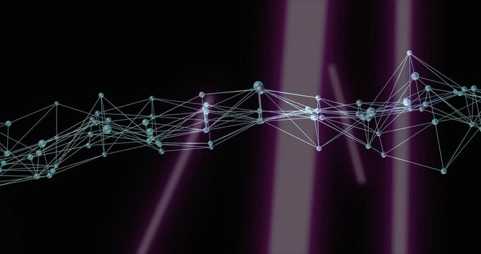 Teal mesh undulating while purple beams emerging left and center shifting right lighting nodes